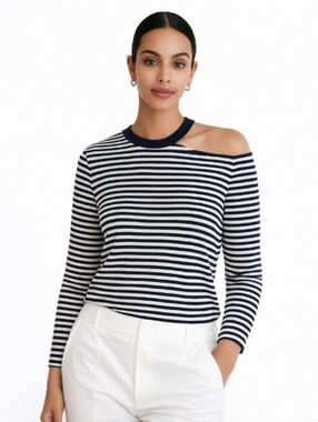 Pretty Garden Striped Cold Shoulder Long Sleeve Tee Shirt Top Black White Large